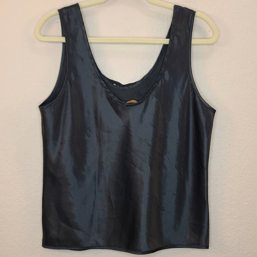 Escapades Top Women Large Black Satin Blouse Tank Embroidered Sleeveless Flowy - Picture 7 of 12
